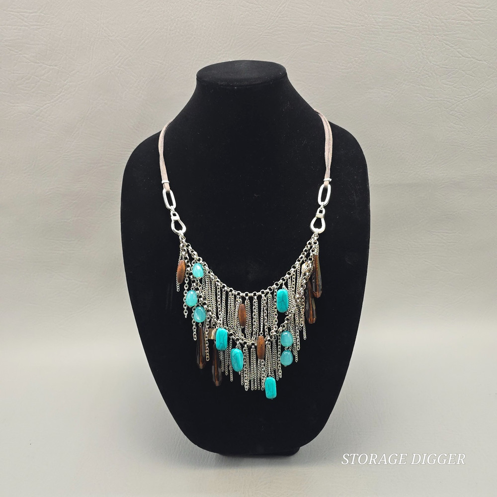 VTG Turquoise And Brown Crystals Silver Chains Leather Cord Necklace 30″ Long