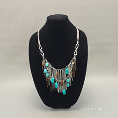 VTG Turquoise And Brown Crystals Silver Chains Leather Cord Necklace 30″ Long