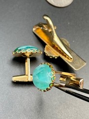 Vintage Gold Tone Aqua Mint Swirl Lucite Cufflinks Tie Bar Set 1950s MCM