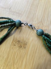 Faux Jade Pendant Layered Beaded Necklace, Green and Earth Toned Beads 22″