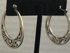 Vintage JEZ Jezlaine Sterling Silver Filigree Flat Scroll Hoop Earrings