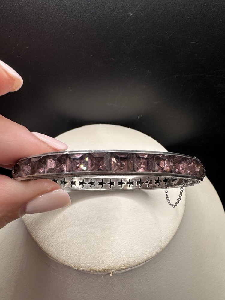 Antique 1920s Art Deco Sterling Silver & Channel Set Amethyst Bangle Bracelet