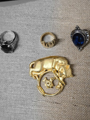 LOT OF FOUR, CAT PIN, 3 RINGS ASSORTED SIZES
