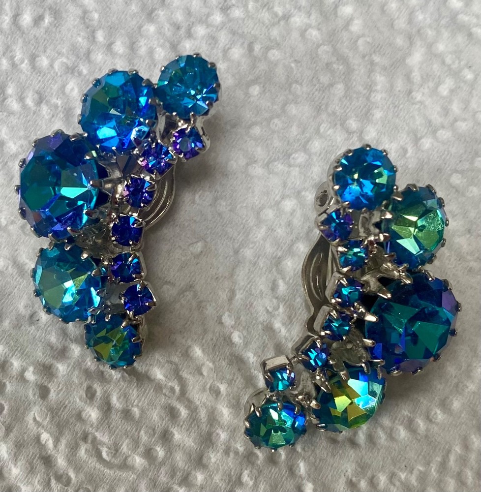 Vintage Weiss Signed Blue AB Crystal Earrings Gorgeous Estate Jewelry