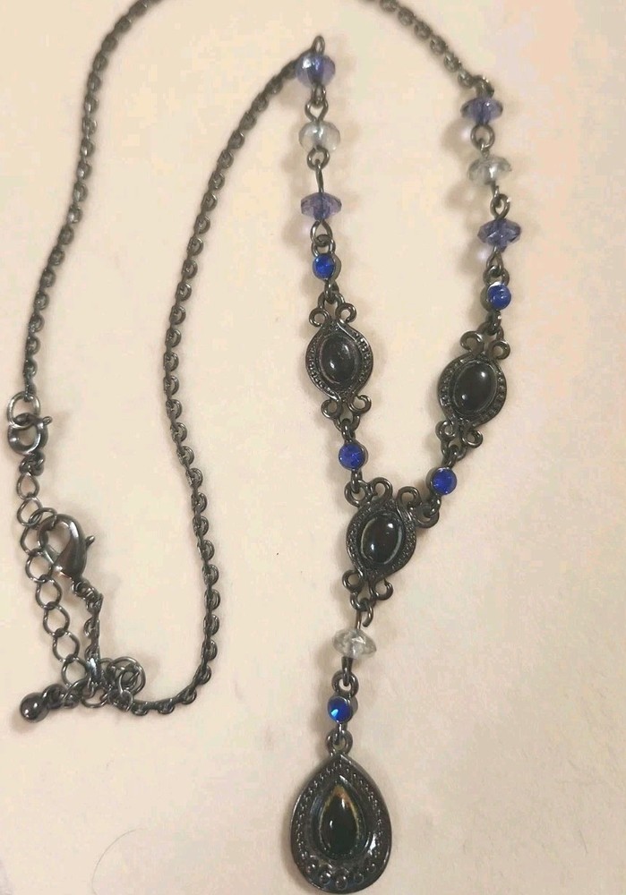 Vintage Avon SH Y Drop Necklace Y2K Gun Metal Blue Rhinestone