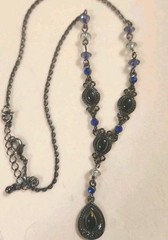Vintage Avon SH Y Drop Necklace Y2K Gun Metal Blue Rhinestone