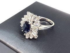 18K White Gold 2.95ctw Oval Sapphire & Tapered VS Baguette Diamond Ring
