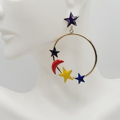 Stars Crescent Moon Colorful Enamel Metal Gold Tone Round Hoop Pierced Earrings