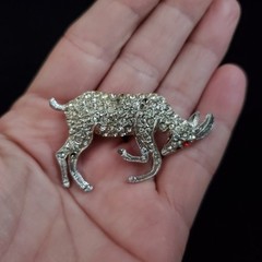 Vintage Pot Metal Rhinestone Brooch Silver Tone Ram Goat Figural 2″ READ