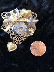 Vintage Gold Tone Holiday Brooch, w/Gift Box, Bow, Heart, Star, Hanging Heart