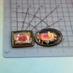 Pair of Vintage Lacquer Enamel Wood Flower Lady Pin Brooches Russian Signed