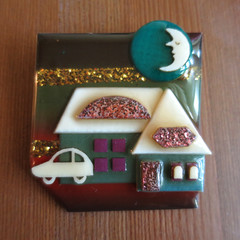 Retro Lucinda House Pin Crescent Man in Moon Gold & Pink Glitter Striped Night