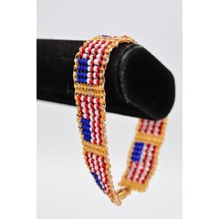 Vintage American Flag Beaded Bracelet Red White Blue USA Gold Woven 1990s Bin4