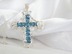 Large Sterling Silver 925 Heated London Blue Topaz Cross Pendant Necklace