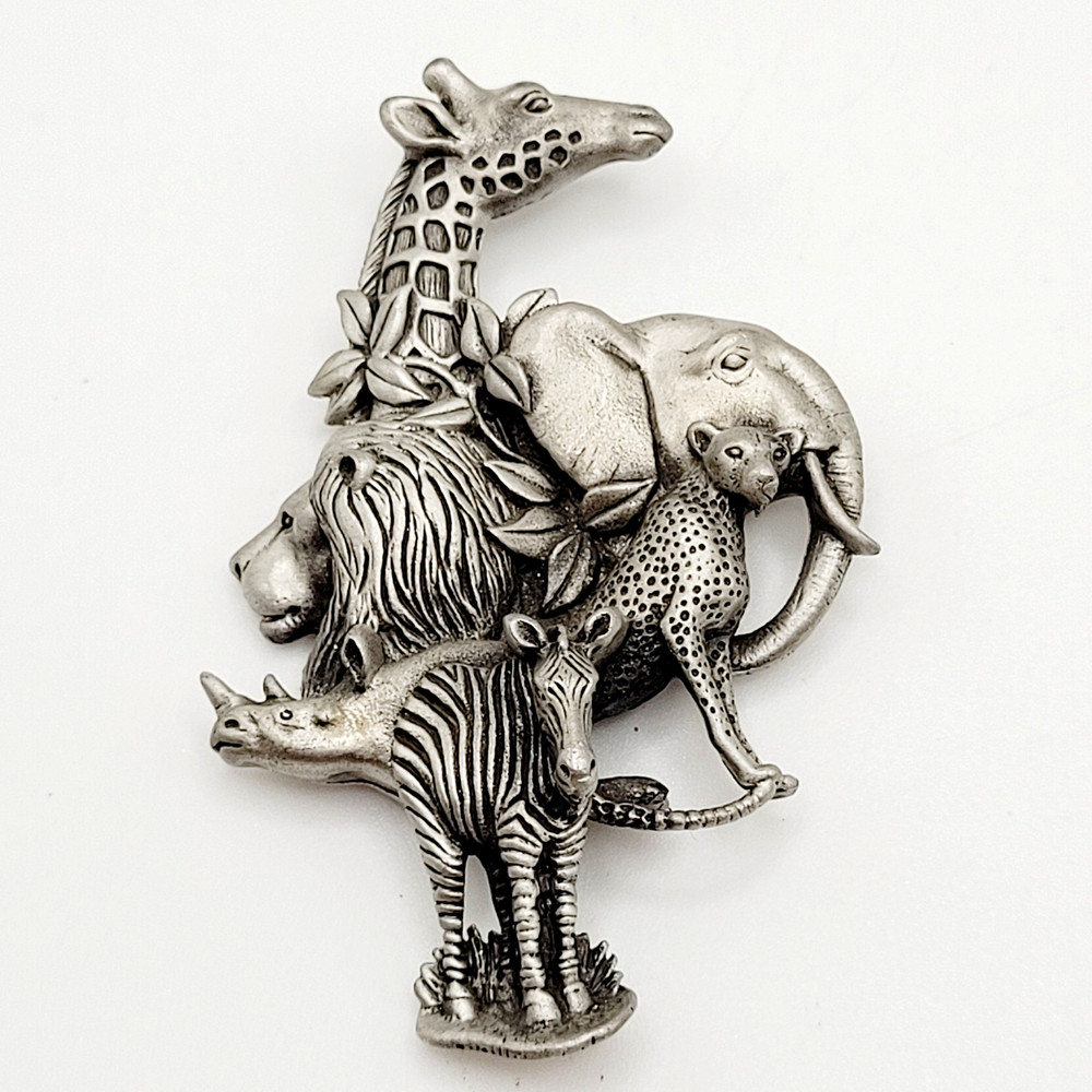 Fable Safari Africa Animal 3D Sculpted Pewter Silver Tone Collage Vtg Brooch Pin