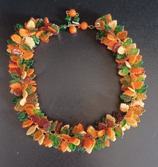 1960s Lucite Leaf Fringe Necklace Made in Hong Kong fall colors choker necklace