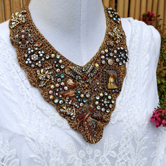 Bib V Necklace Recycled Assembly Jewelry OOAK Vintage Artisan Knitted Art Gift