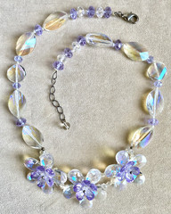 GLOWING Glass Crystal Flower 19″ Necklace BOREALIS & LAVENDER GREAT FOR WEDDING
