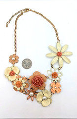 Vintage Enamel Flower Statement Necklace Pink Cream Floral Bib Mod Pop Art