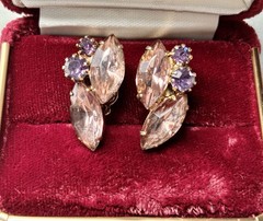Vintage Gold Tone Purple Pink Rhinestone Clip-on Earrings 24mm Long Beautiful