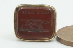 ANTIQUE ENGLISH GOLD CARNELIAN AGATE FOB SEAL DOG ‘TAKE HEED’ c1840