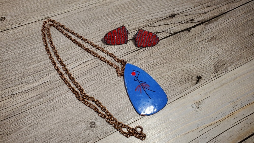 Vintage Enamel Over Copper Primitive Modernist Pendant & Earrings