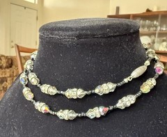 Antique 1920s Era Art Deco Flapper Necklace Black Glass Beads Hand Strung 24”
