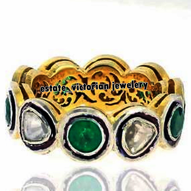 Vintage 0.80ct Antique Cut Diamond Emerald Silver Gorgeous Eternity Ring Jewelry
