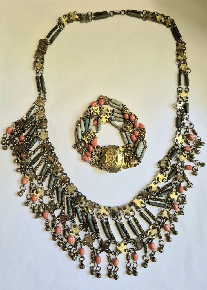 Vintage Egyptian Revival Faience Style Bib Necklace & Bracelet Brass Tone READ