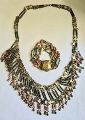 Vintage Egyptian Revival Faience Style Bib Necklace & Bracelet Brass Tone READ
