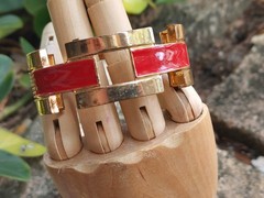 2 Vintage Hinged Bangle Bracelets with Red Enamel 1 Gold Tone 1 Silver Tone 80’s
