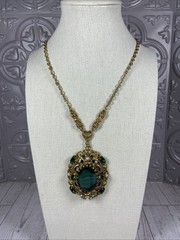 Vintage Western Germany Necklace Ornate Brass Filigree With Green Rhinestones.