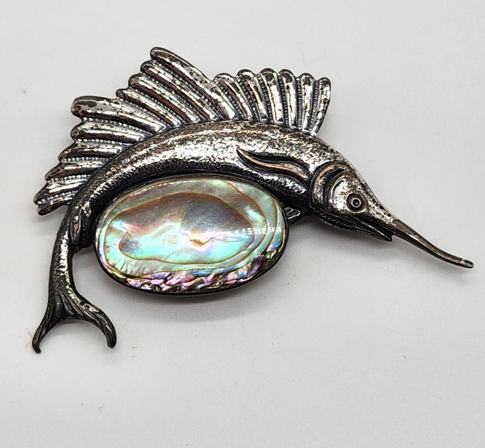 Vintage La Jolla Sterling Silver Swordfish Brooch – Abalone/MOP Oval, Signed