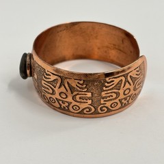 Vintage Copper Cuff Bracelet Etched Tribal Symbol Stone Cabochon Artisan Boho