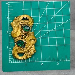Vintage Art Deco Green Glass Octagon Cut Gold Tone Pinchbeck Pin Large 3″ Brooch