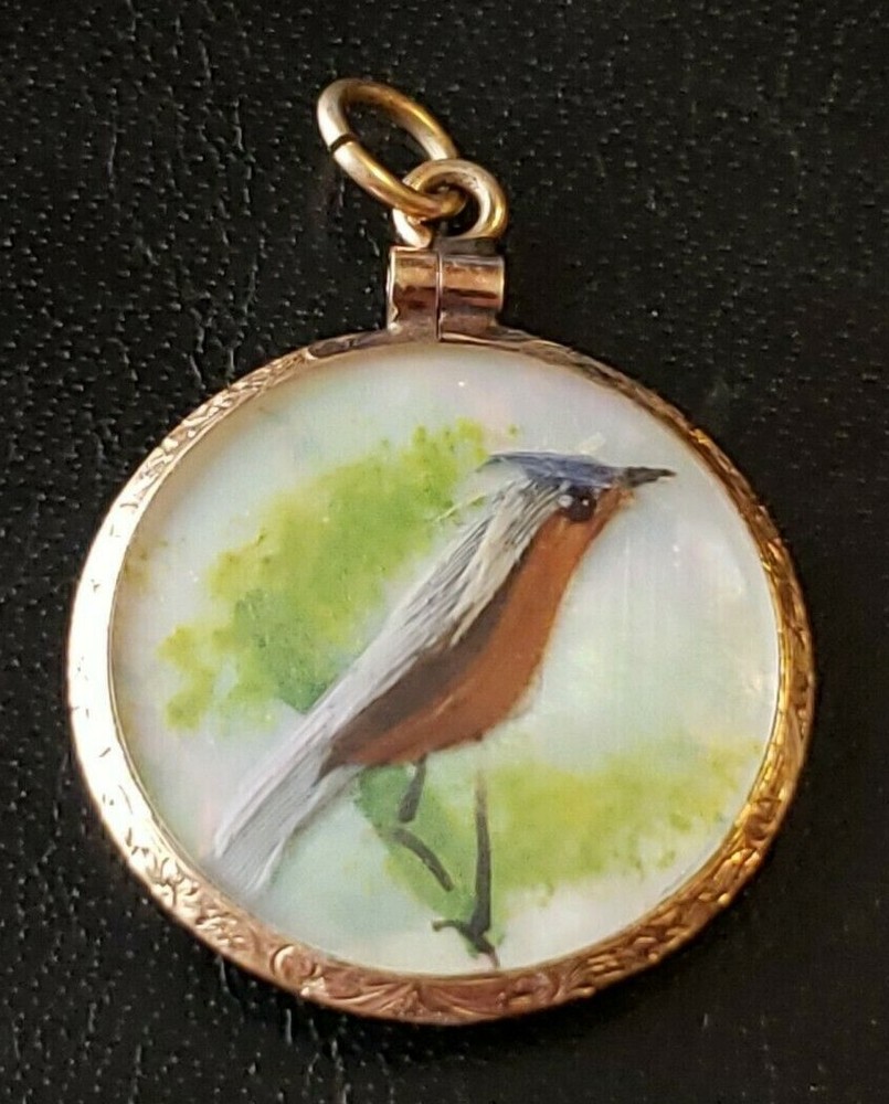 Victorian Era Double Sided Bird Feather on MOP Scene Pendant Gold Filled Frame