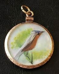 Victorian Era Double Sided Bird Feather on MOP Scene Pendant Gold Filled Frame