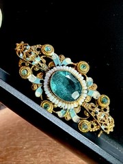 Antique Signed Czechoslov White Beads Enamel Brooch Blue Glass Stone Pin