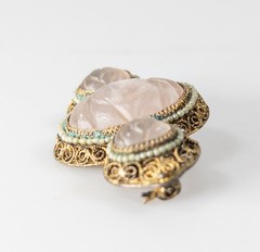Antique Chinese Gilt Silver Filigree Brooch Pin with Rose Quartz Cabochons