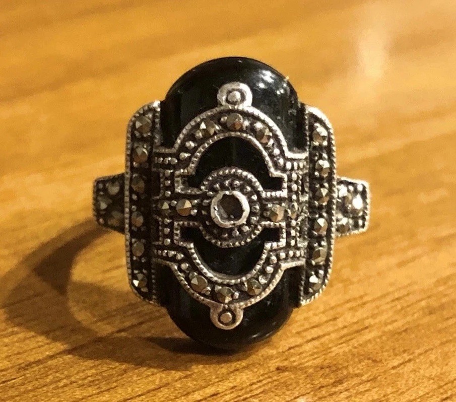 Vintage Art Deco Sterling Silver Black Onyx Marcasite Statement Ring