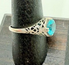 Sterling Silver 925 Art Deco Style Faceted Blue Glass Open Work Ring Size 8.75