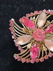 Vintage Prong Set Rhinestone Brooch Pin Pink Opalescent Cabochon Layered