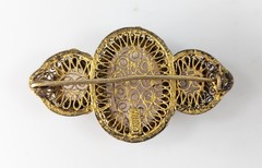 Antique Chinese Gilt Silver Filigree Brooch Pin with Rose Quartz Cabochons