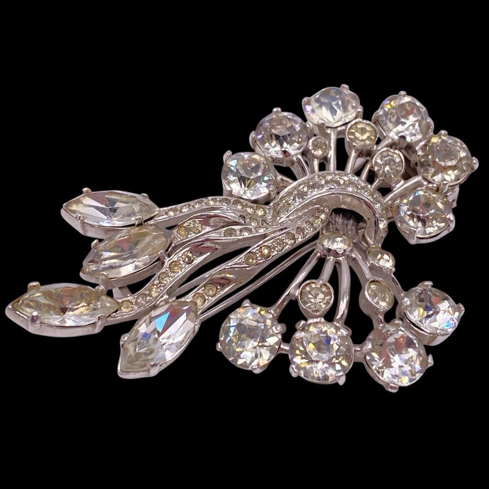 Eisenberg Vintage Sterling Silver Rhinestone Floral Fur Clip Brooch 48g 3in