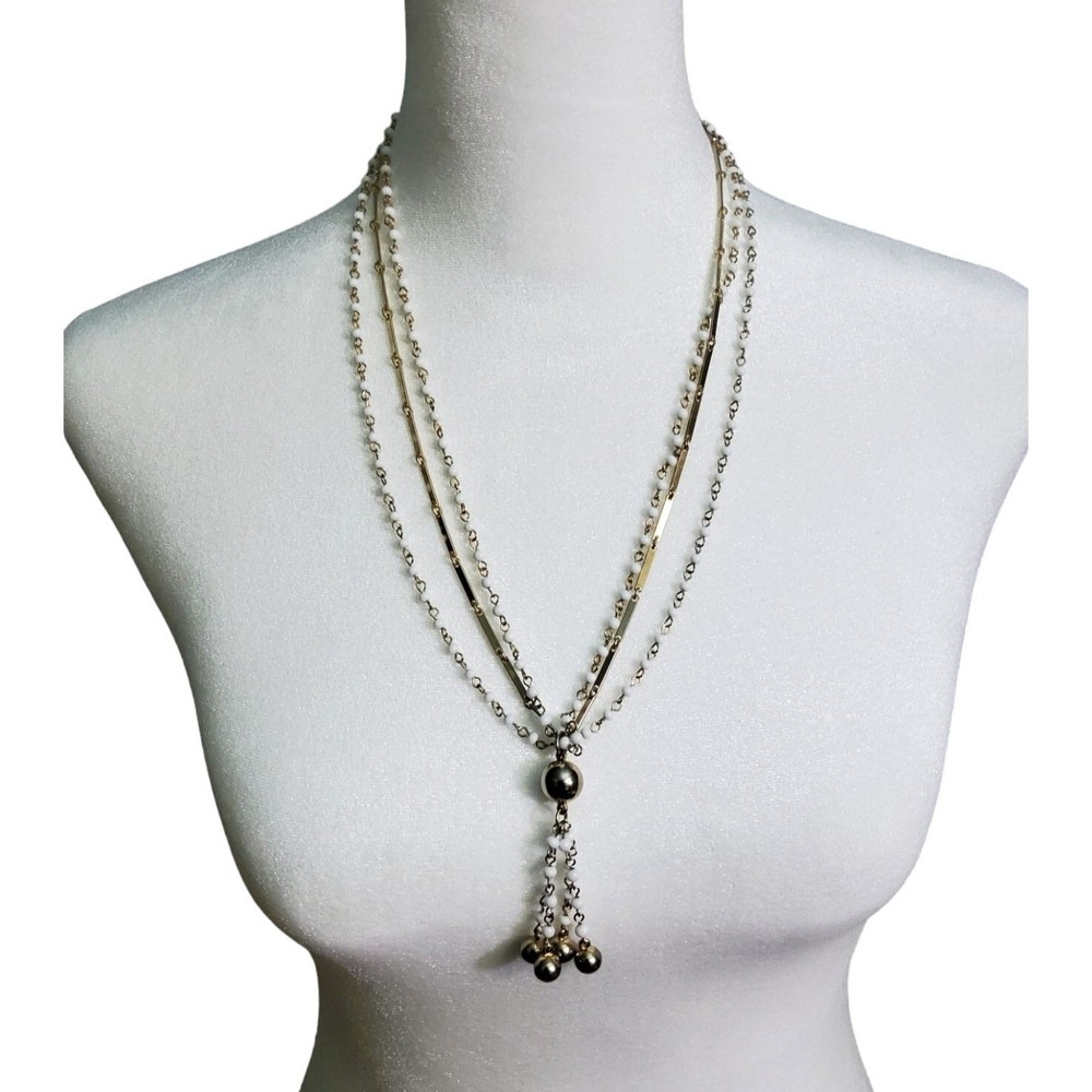 vintage gold tone links with tiny white glass beads accent 3 strand necklace