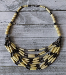 Vintage Handmade Native Bone Wood Silver Beaded 9 Strand Statement Necklace