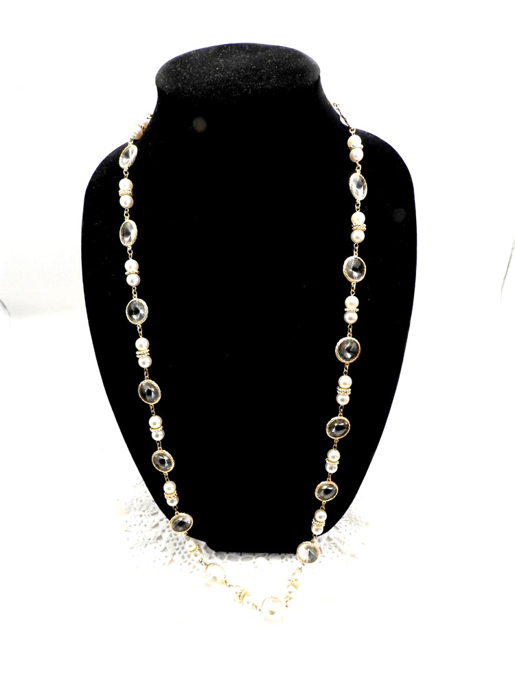 Vintage Gold Tone Faceted Crystal Pearls No Clasp Necklace 34″