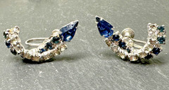 VINTAGE 16.5″ BLUE & CLEAR RHINESTONE NECKLACE + SCREW BACK EARRINGS N747