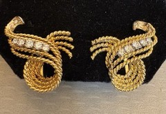 Natural Diamond Earrings Estate Vintage Rope Swirl Omega Clip 14K Gold 10.8g