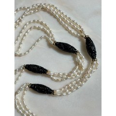 VTG FRESHWATER PEARL NECKLACE 14K YELLOW GOLD & CHINESE CARVED BLACK ONYX BEADS